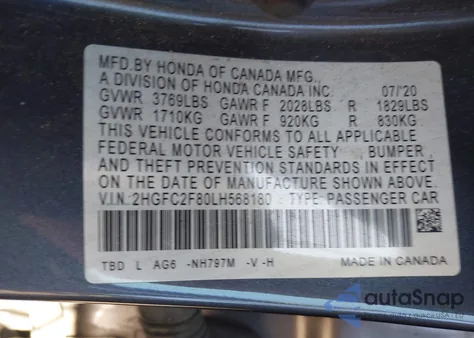 2020 Honda Civic Sport from USA, damaged, VIN 2HGFC2F80LH568180